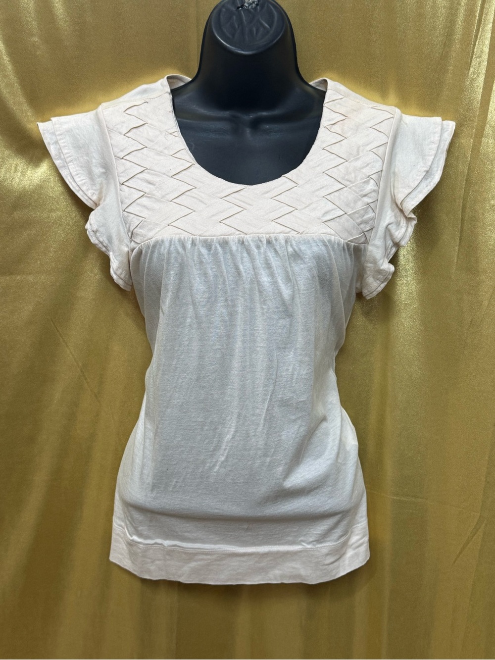 Zara Collection Cream Cotton Blouse | Smocked Yoke Ruffle Cap Sleeve Top Medium